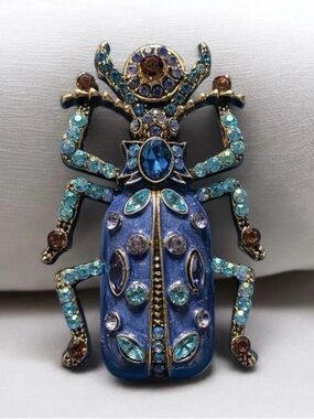 Beetle Insect Brooch Pin Blue Green Rhinestone Gold Tone 3"L x 2"W